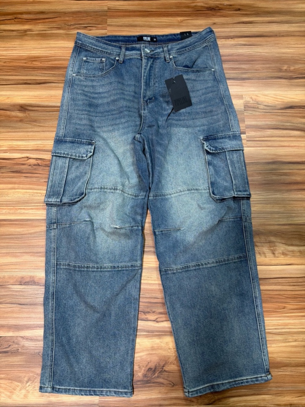 Men's Washed Blue Cargo Denim Pants - Utility Style